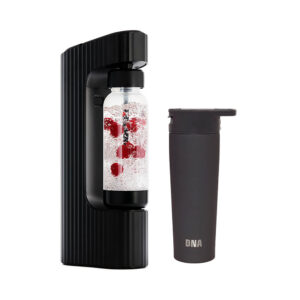 DNA Midnight Black Sparkler carbonator with BPA-free bottle filled with sparkling fruit-infused water and DNA Tumblender portable blender