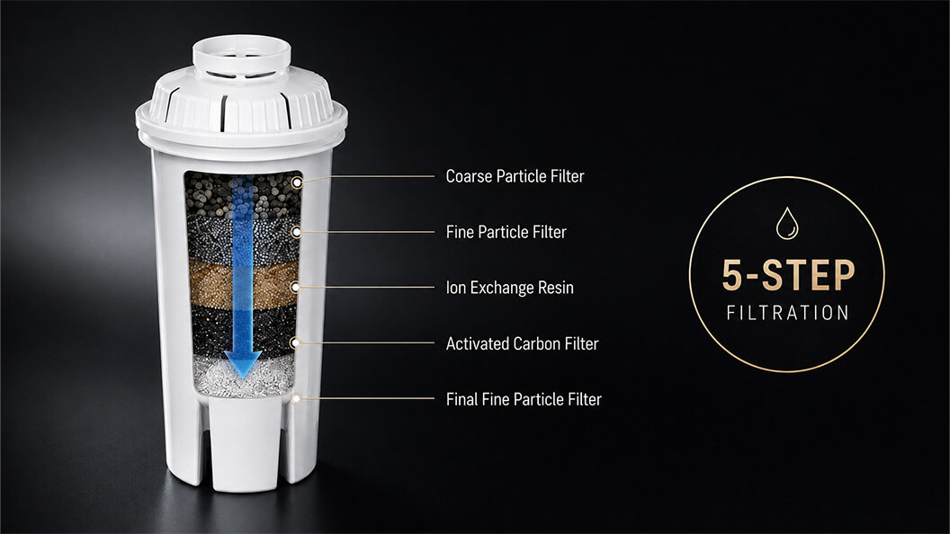 universal filter showing the 5 steps that water moves through for filtration